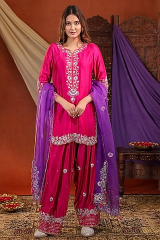 Magenta Pink Silk Zardosi Hand Embroidered Sharara Set by Farha Syed