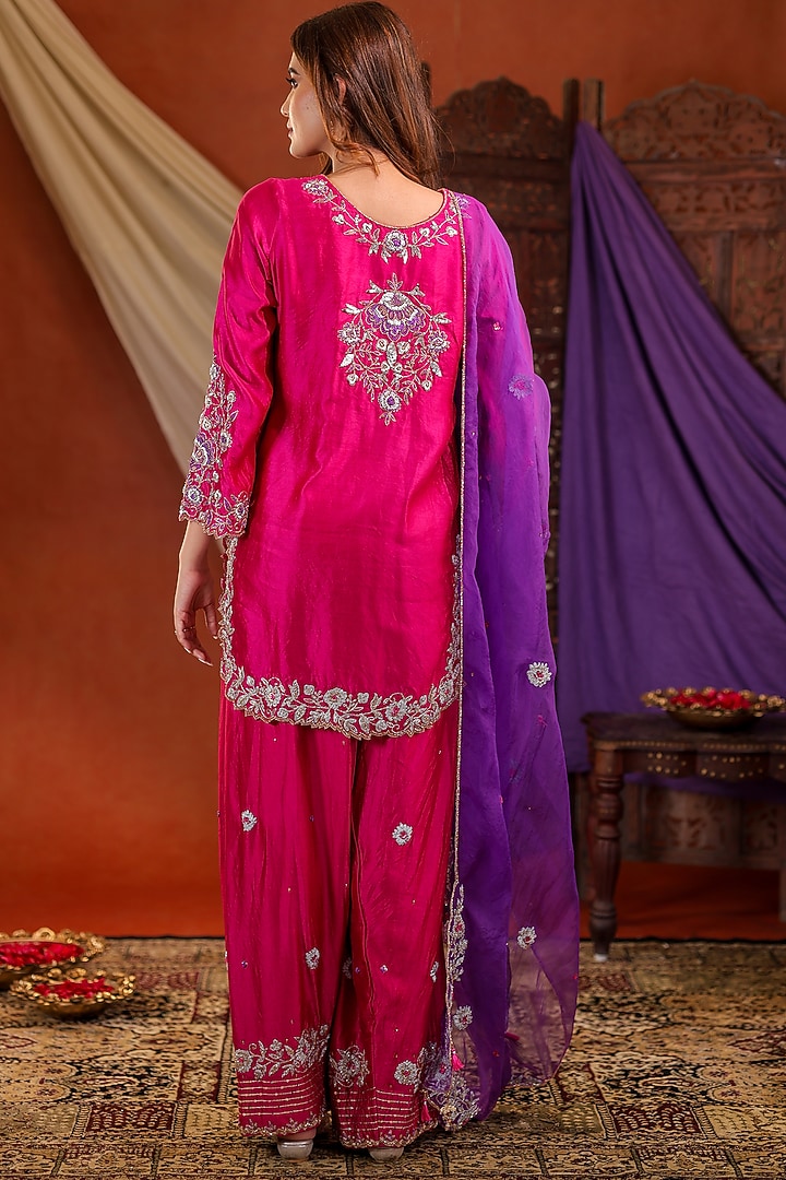 Magenta Pink Silk Zardosi Hand Embroidered Wedding Sharara Set by Farha Syed at Pernia's Pop Up Shop
