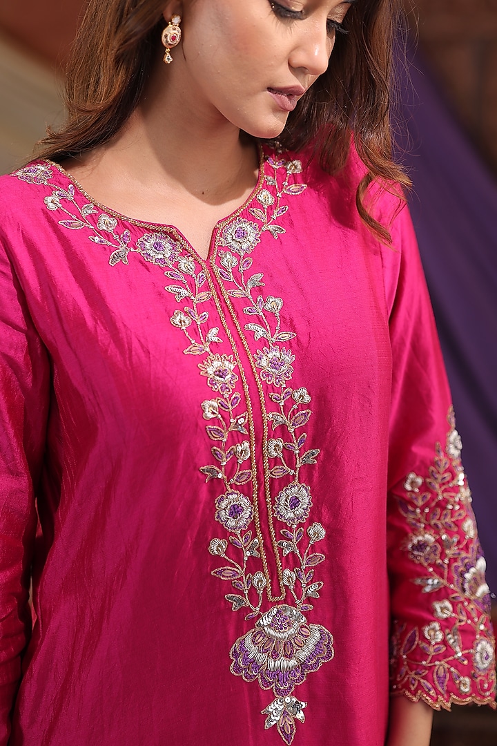 Magenta Pink Silk Zardosi Hand Embroidered Wedding Sharara Set by Farha Syed at Pernia's Pop Up Shop