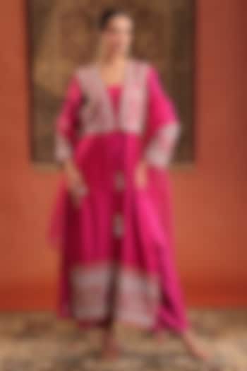 Magenta Pink Silk Zardosi Hand Embroidered Kurta Jacket Set by Farha Syed at Pernia's Pop Up Shop