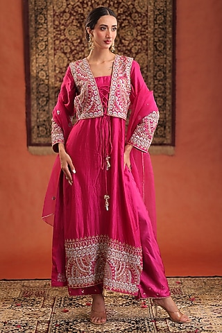 Magenta Pink Silk Zardosi Hand Embroidered Kurta Jacket Set by Farha Syed