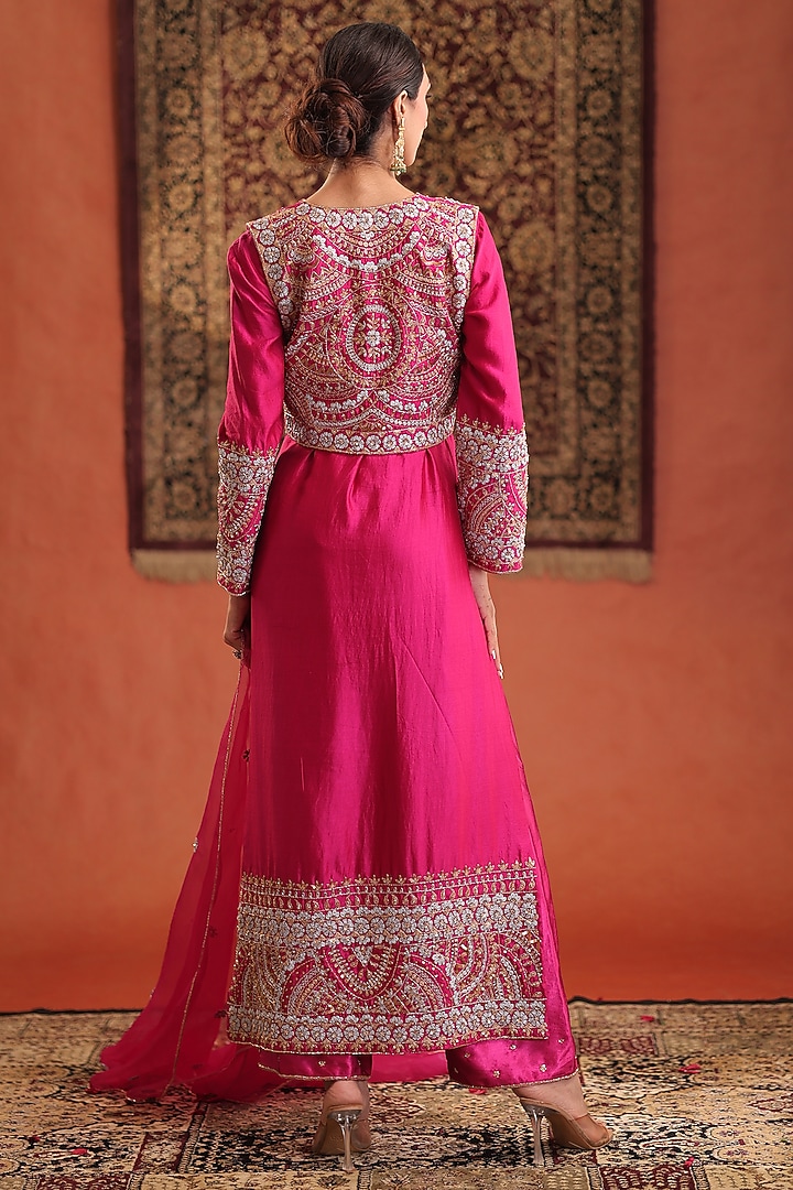 Magenta Pink Silk Zardosi Hand Embroidered Kurta Jacket Set by Farha Syed at Pernia's Pop Up Shop