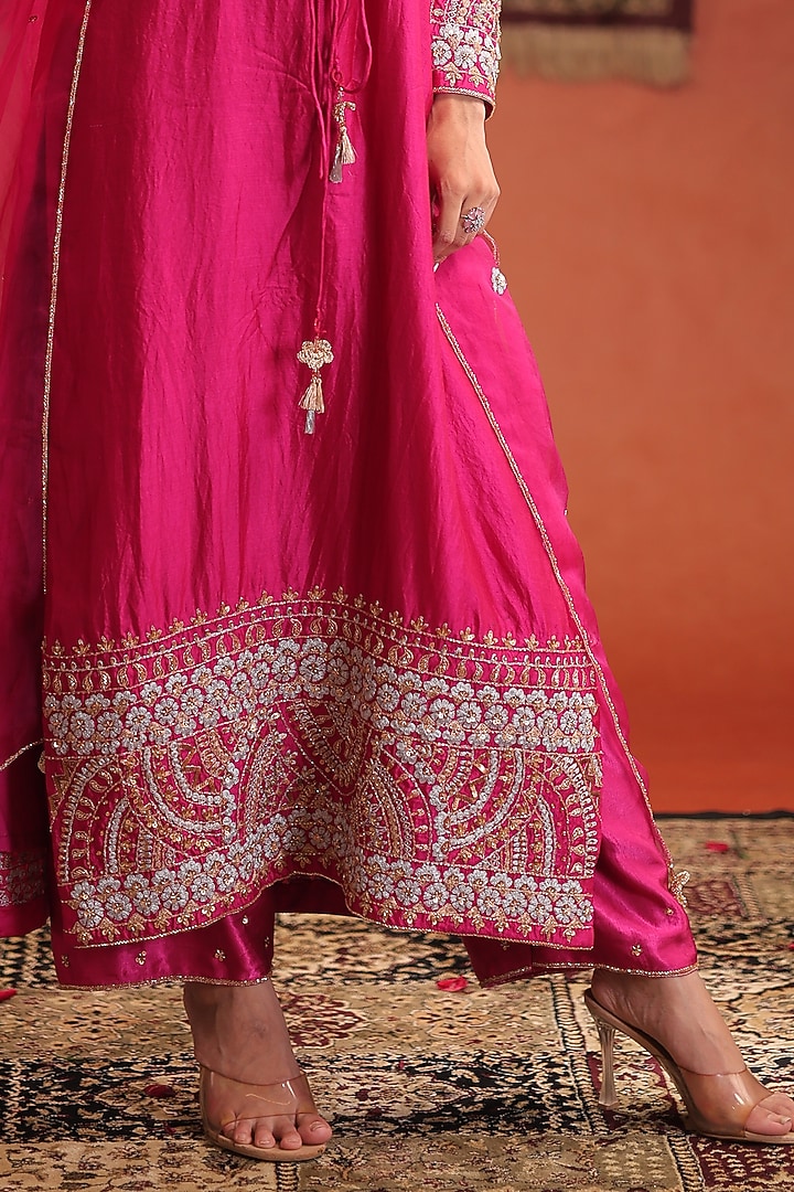 Magenta Pink Silk Zardosi Hand Embroidered Kurta Jacket Set by Farha Syed at Pernia's Pop Up Shop