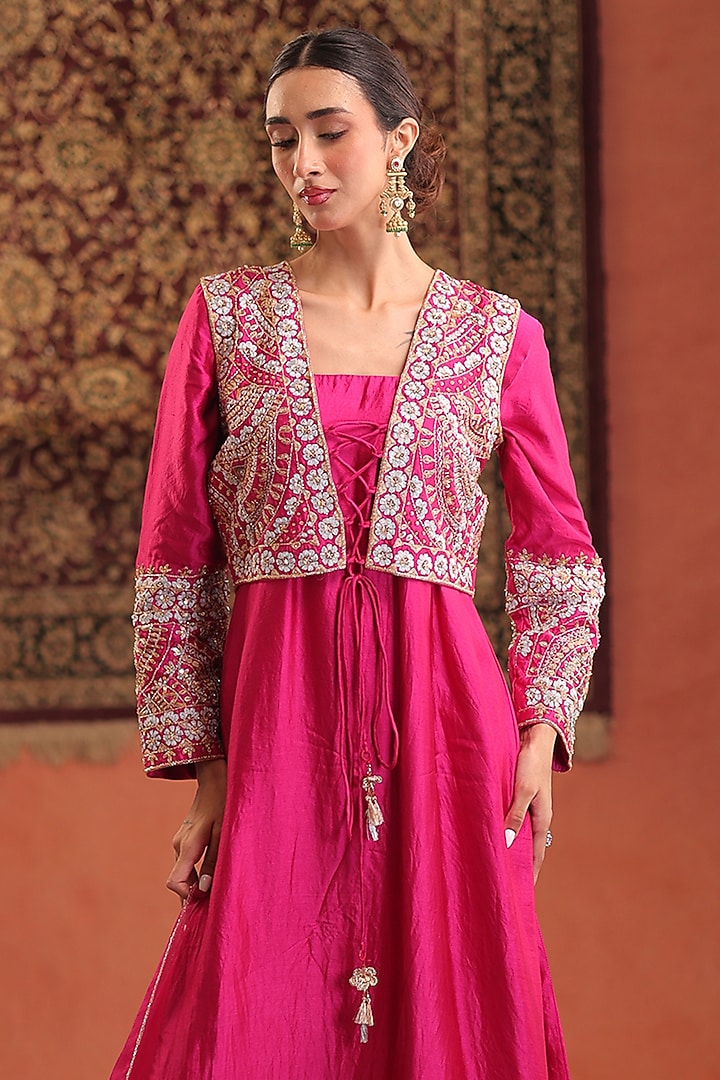 Magenta Pink Silk Zardosi Hand Embroidered Kurta Jacket Set by Farha Syed at Pernia's Pop Up Shop