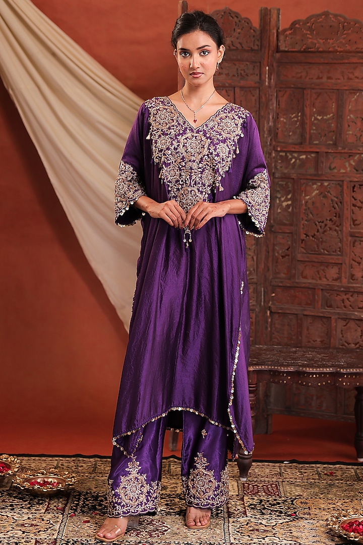 Purple Silk Zardosi Hand Embroidered Kaftan Set by Farha Syed at Pernia's Pop Up Shop