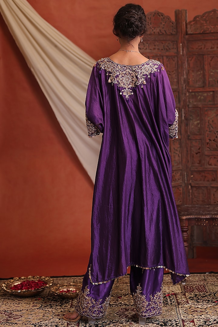 Purple Silk Zardosi Hand Embroidered Kaftan Set by Farha Syed at Pernia's Pop Up Shop