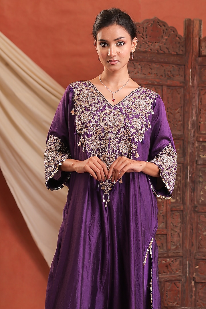 Purple Silk Zardosi Hand Embroidered Kaftan Set by Farha Syed at Pernia's Pop Up Shop