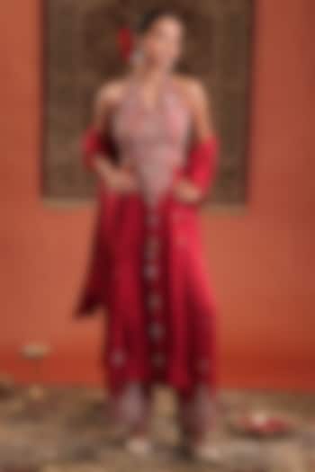Red Silk & Crinkled Silk Hand Embroidered Kurta Set by Farha Syed at Pernia's Pop Up Shop