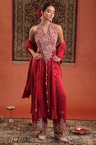 Red Silk & Crinkled Silk Hand Embroidered Kurta Set by Farha Syed