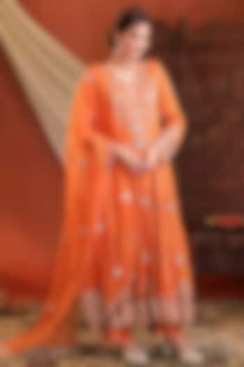 Tangerine Organza Chanderi Tissue Hand Embroidered Wedding Anarkali Set by Farha Syed at Pernia's Pop Up Shop