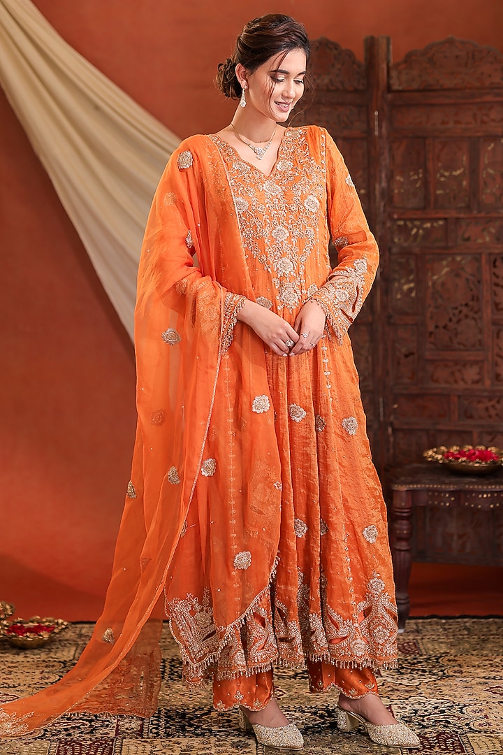 Tangerine Organza Chanderi Tissue Hand Embroidered Wedding Anarkali Set by Farha Syed at Pernia's Pop Up Shop