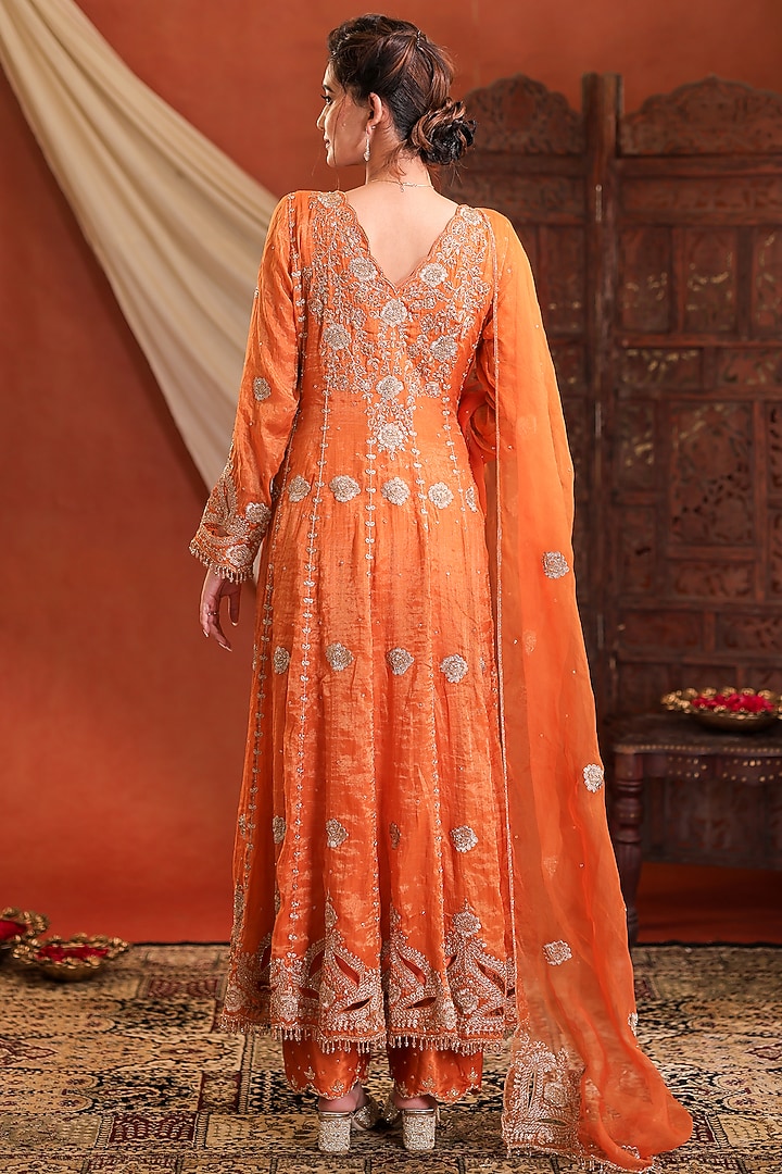 Tangerine Organza Chanderi Tissue Hand Embroidered Wedding Anarkali Set by Farha Syed at Pernia's Pop Up Shop