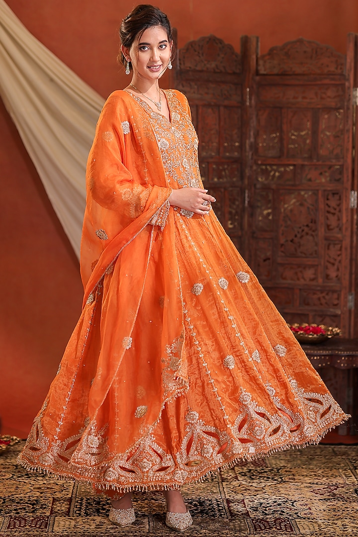 Tangerine Organza Chanderi Tissue Hand Embroidered Wedding Anarkali Set by Farha Syed at Pernia's Pop Up Shop