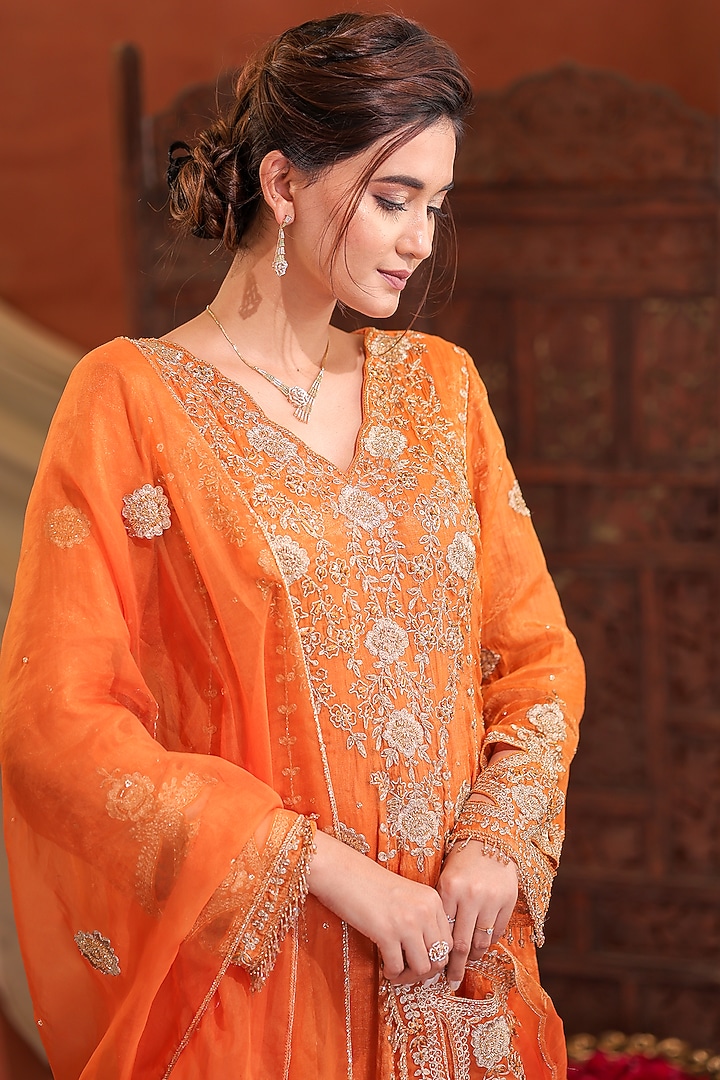 Tangerine Organza Chanderi Tissue Hand Embroidered Wedding Anarkali Set by Farha Syed at Pernia's Pop Up Shop