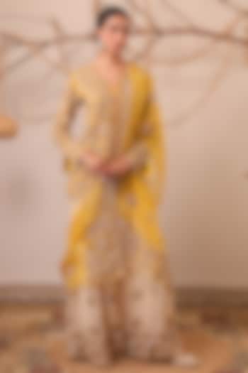 Beige Chanderi Silk Wedding Sharara Set by Farha Syed at Pernia's Pop Up Shop