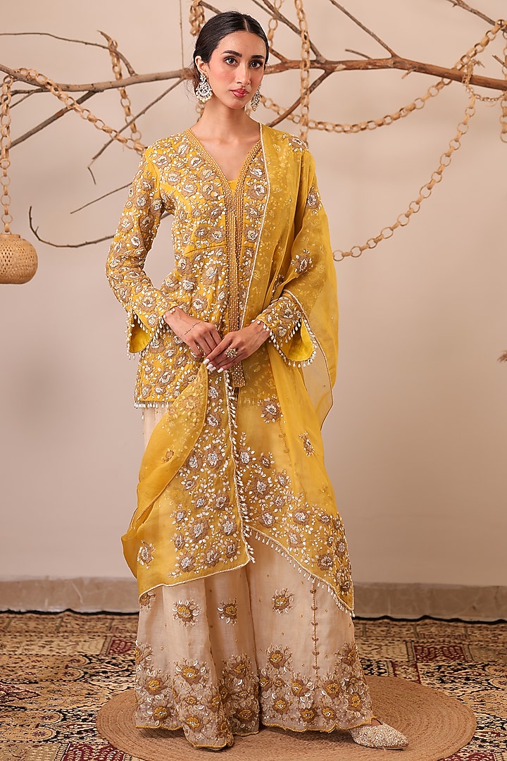 Beige Chanderi Silk Wedding Sharara Set by Farha Syed at Pernia's Pop Up Shop