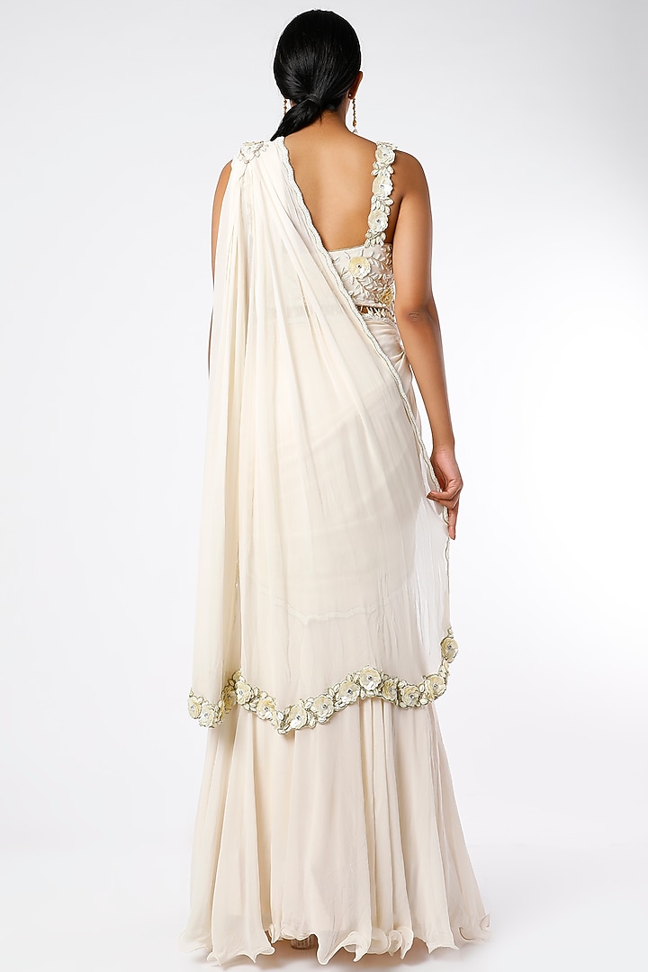 Champagne Ivory Hand Embroidered Wedding Saree Set by Farha Syed at Pernia's Pop Up Shop