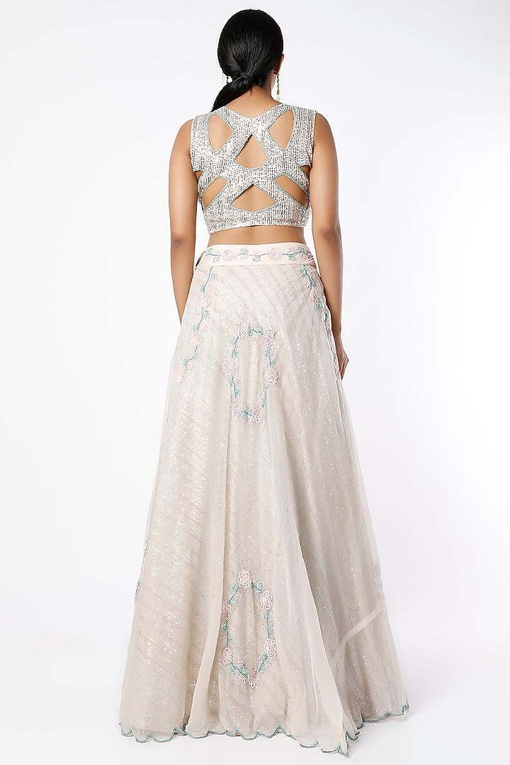 Peachish Pink & Mint Hand Embroidered Wedding Lehenga Set by Farha Syed at Pernia's Pop Up Shop