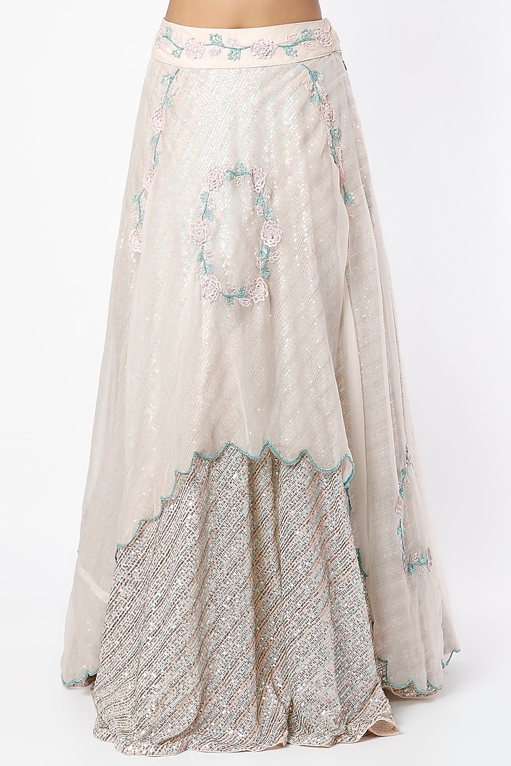 Peachish Pink & Mint Hand Embroidered Wedding Lehenga Set by Farha Syed at Pernia's Pop Up Shop