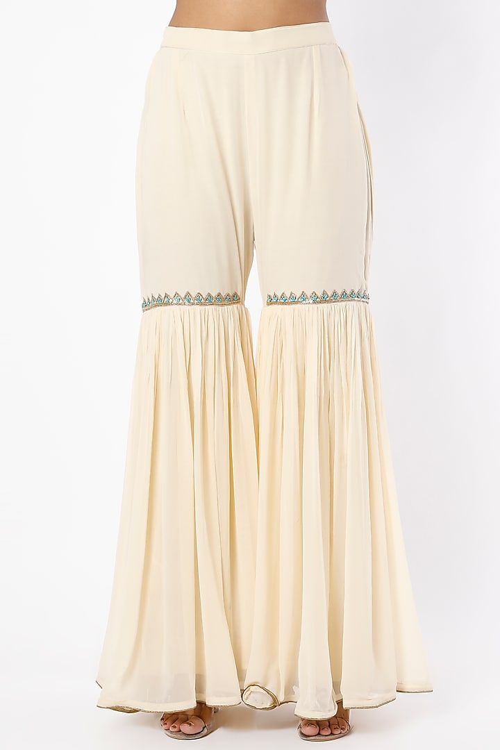 Champagne Ivory Chanderi Tissue & Georgette Gharara Set by Farha Syed at Pernia's Pop Up Shop