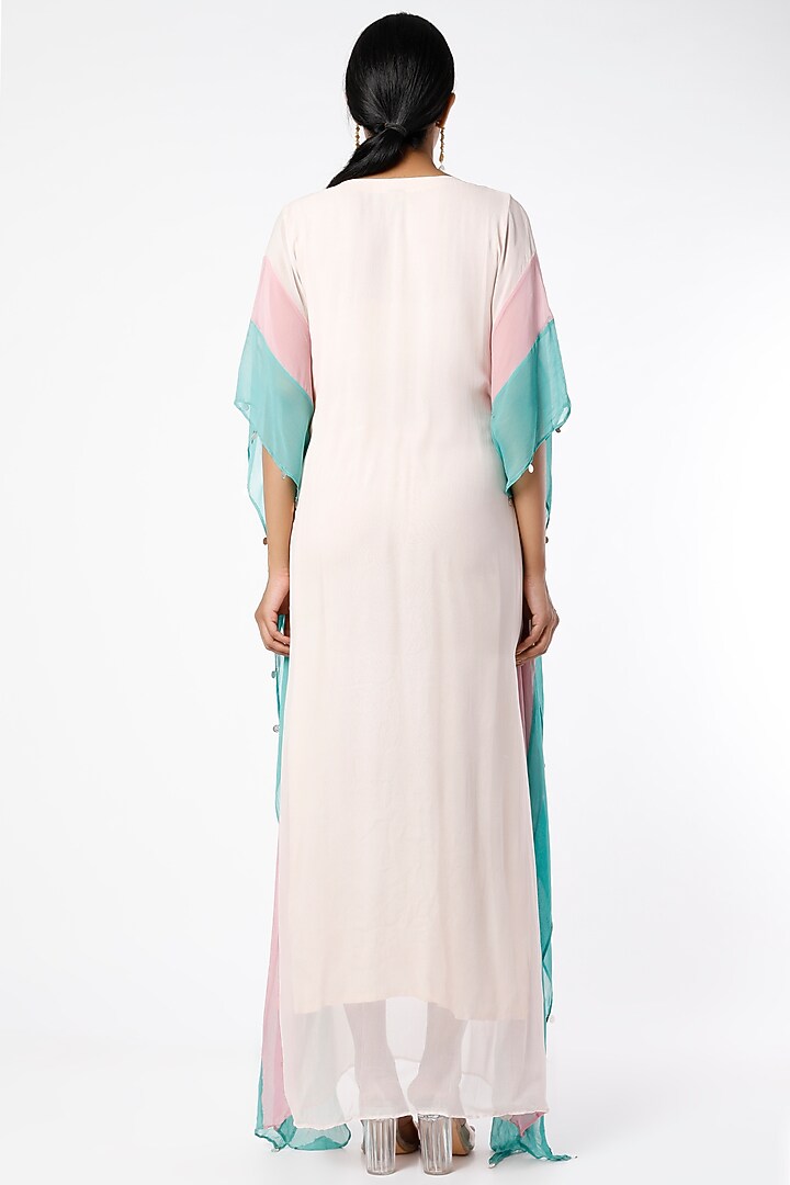 Cream & Mint Georgette Hand Embroidered Kaftan by Farha Syed at Pernia's Pop Up Shop