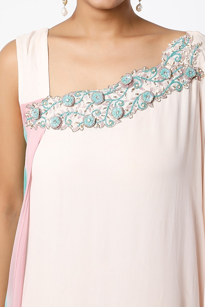 Cream & Mint Hand Embroidered Kaftan Gown by Farha Syed at Pernia's Pop Up Shop