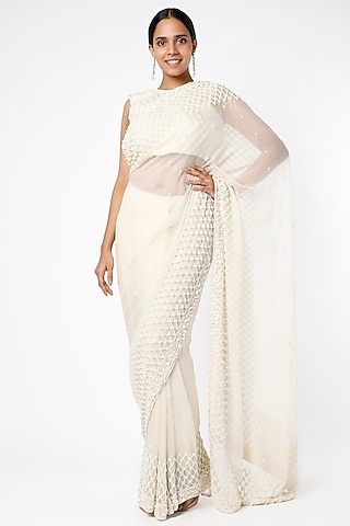 Ivory Hand Embroidered Saree Set by Farha Syed