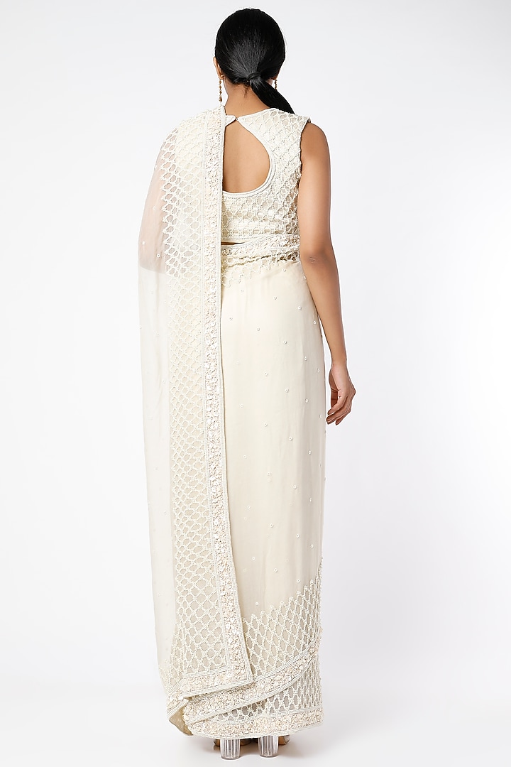 Ivory Hand Embroidered Wedding Saree Set by Farha Syed at Pernia's Pop Up Shop