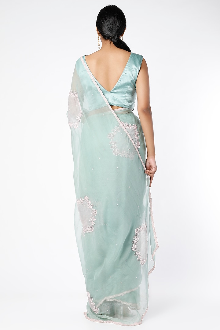 Mint Hand Embroidered Wedding Saree Set by Farha Syed at Pernia's Pop Up Shop