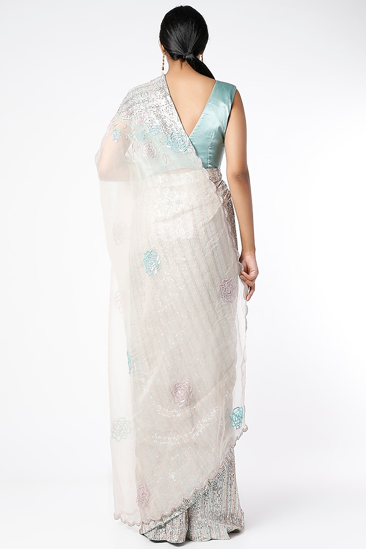 Off-White & Mint Hand Embroidered Wedding Saree Set by Farha Syed at Pernia's Pop Up Shop