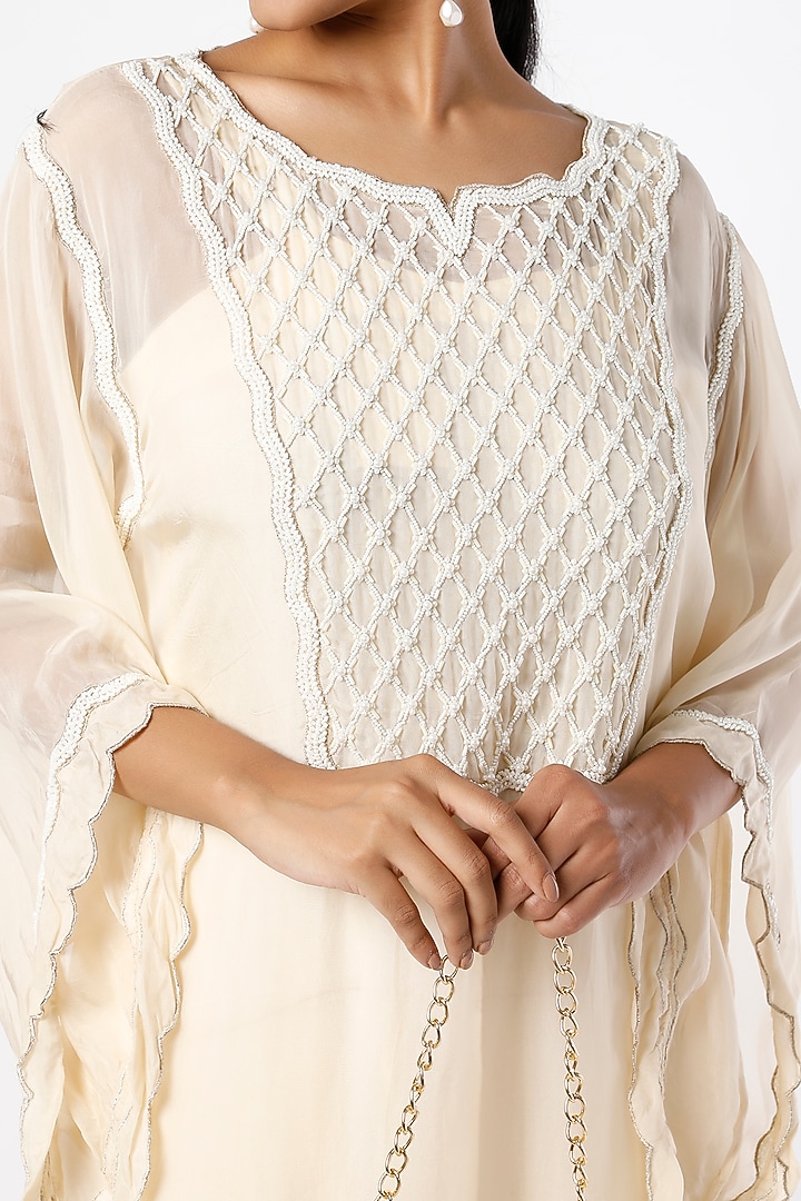 Champagne Ivory Kurta Set With Embroidery by Farha Syed at Pernia's Pop Up Shop