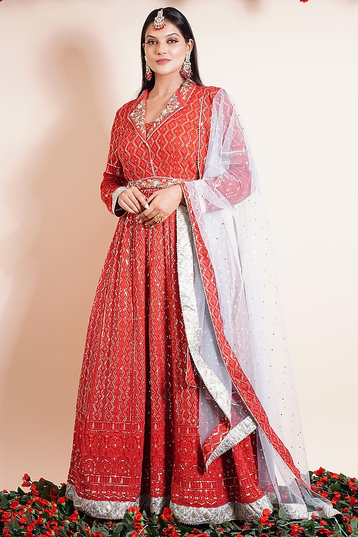 Carmine Red Embroidered Anarkali With Dupatta & Belt by Farha Syed