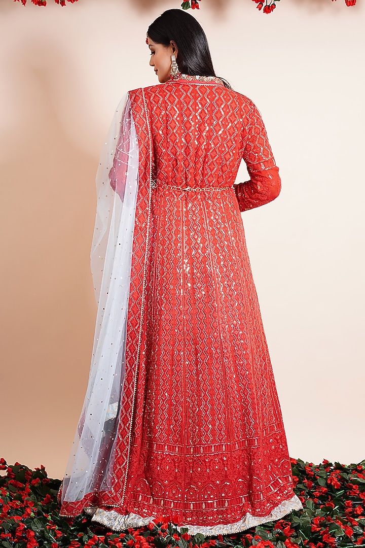 Carmine Red Embroidered Wedding Anarkali With Dupatta & Belt by Farha Syed at Pernia's Pop Up Shop