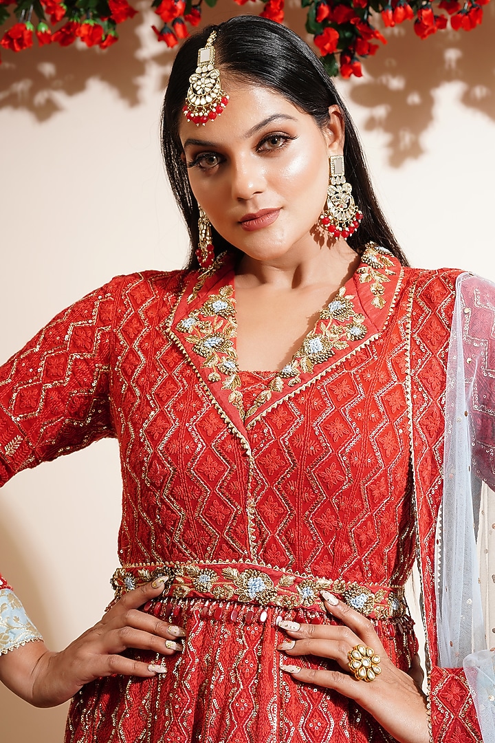 Carmine Red Embroidered Wedding Anarkali With Dupatta & Belt by Farha Syed at Pernia's Pop Up Shop