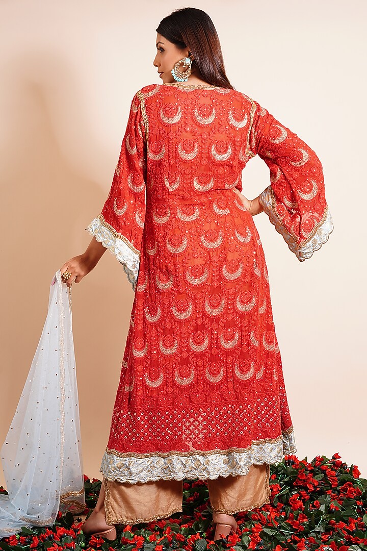 Carmine Red Embroidered Kurta Set by Farha Syed at Pernia's Pop Up Shop