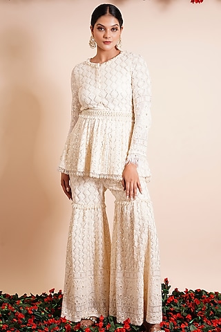 Pearl White Georgette Sharara Set by Farha Syed