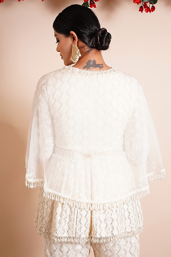 Pearl White Georgette Wedding Sharara Set by Farha Syed at Pernia's Pop Up Shop