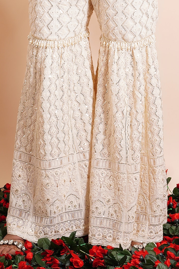 Pearl White Georgette Wedding Sharara Set by Farha Syed at Pernia's Pop Up Shop