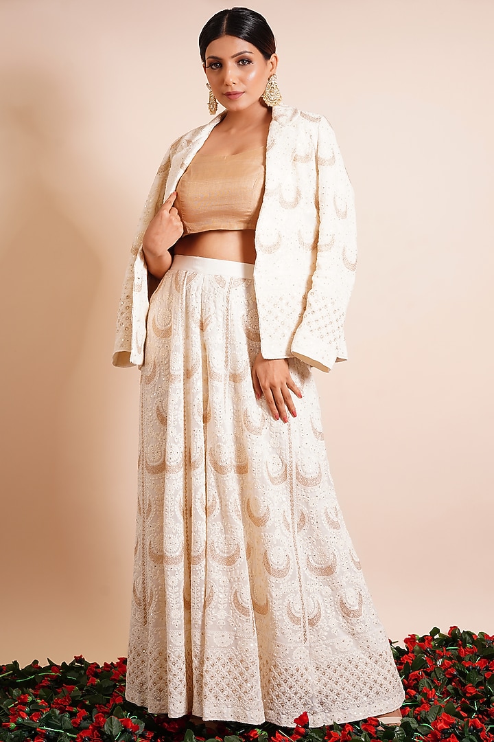 Pearl White Georgette Hand Embroidered Party Wear Sharara Set by Farha Syed at Pernia's Pop Up Shop