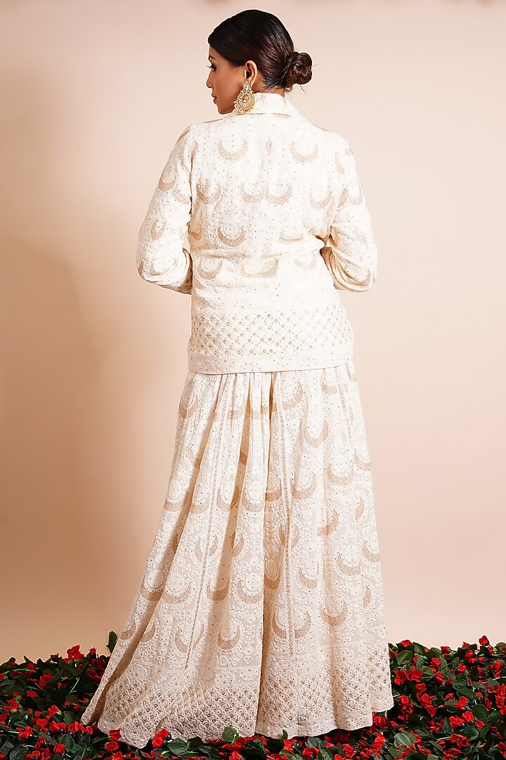 Pearl White Georgette Hand Embroidered Party Wear Sharara Set by Farha Syed at Pernia's Pop Up Shop