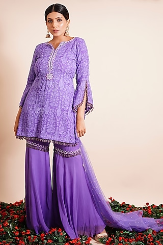 Amethyst Purple Georgette Sharara Set by Farha Syed