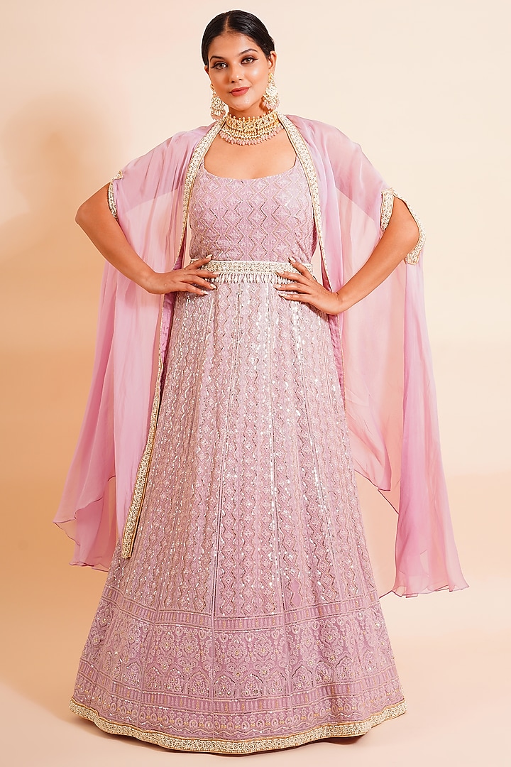 Carnation Pink Embroidered Wedding Anarkali With Cape & Belt by Farha Syed at Pernia's Pop Up Shop