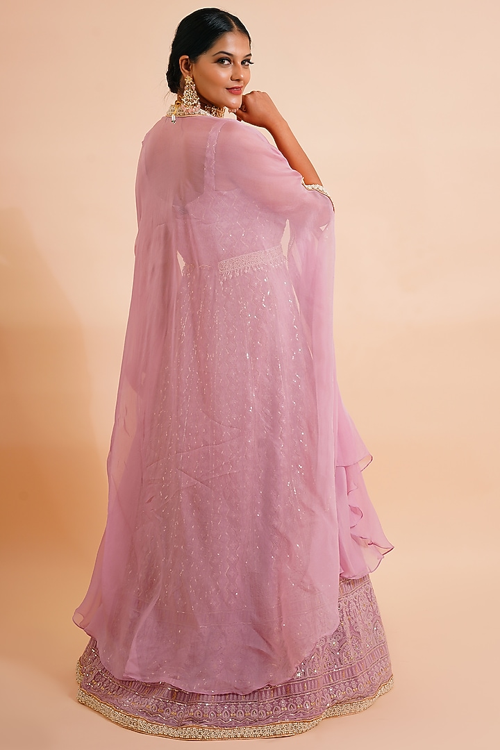 Carnation Pink Embroidered Wedding Anarkali With Cape & Belt by Farha Syed at Pernia's Pop Up Shop