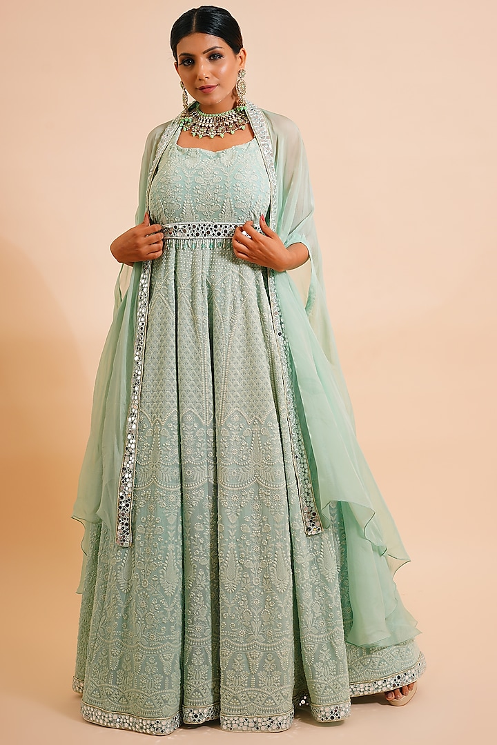 Pistachio Green Embroidered Anarkali With Cape & Belt by Farha Syed