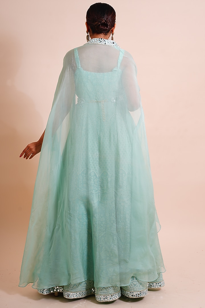 Pistachio Green Embroidered Wedding Anarkali With Cape & Belt by Farha Syed at Pernia's Pop Up Shop