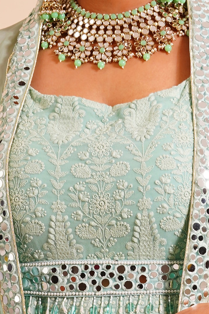 Pistachio Green Embroidered Wedding Anarkali With Cape & Belt by Farha Syed at Pernia's Pop Up Shop