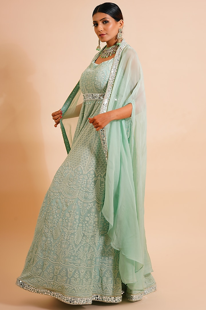Pistachio Green Embroidered Wedding Anarkali With Cape & Belt by Farha Syed at Pernia's Pop Up Shop