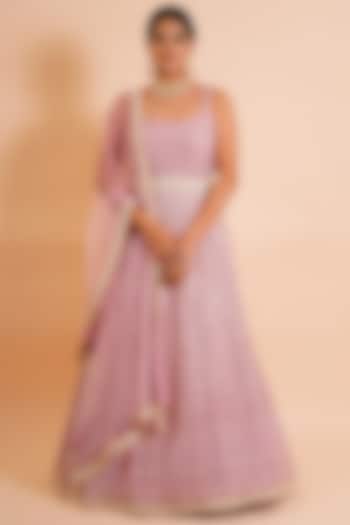 Carnation Pink Embroidered Wedding Anarkali With Dupatta & Belt by Farha Syed at Pernia's Pop Up Shop