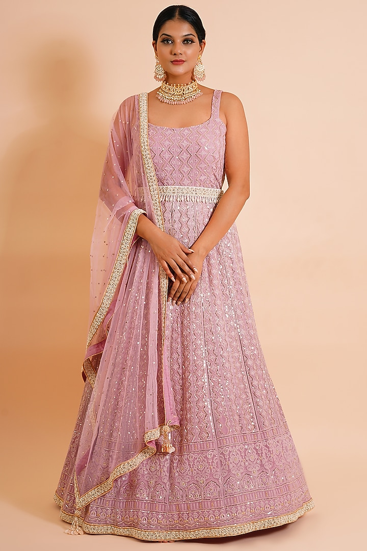 Carnation Pink Embroidered Wedding Anarkali With Dupatta & Belt by Farha Syed at Pernia's Pop Up Shop