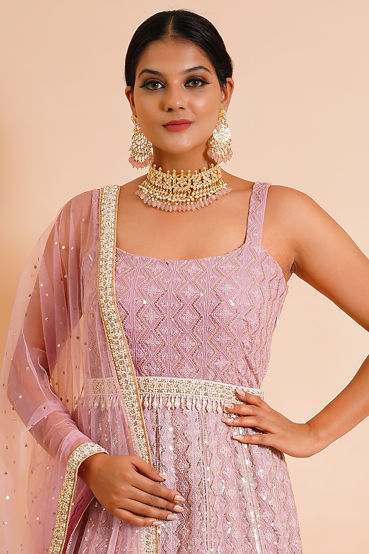 Carnation Pink Embroidered Wedding Anarkali With Dupatta & Belt by Farha Syed at Pernia's Pop Up Shop